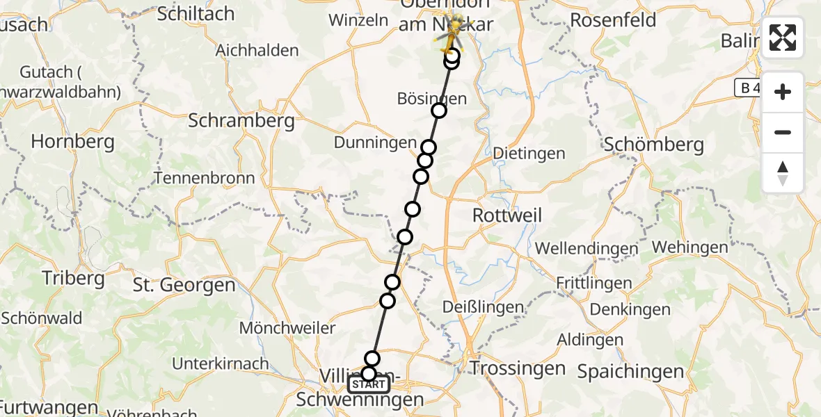 Flugroute Rettungshubschrauber DRF Air Rescue Station Villingen-Schwenningen Heliport (Christoph 11) - Oberndorf am Neckar, 19 März 2026, 15:58