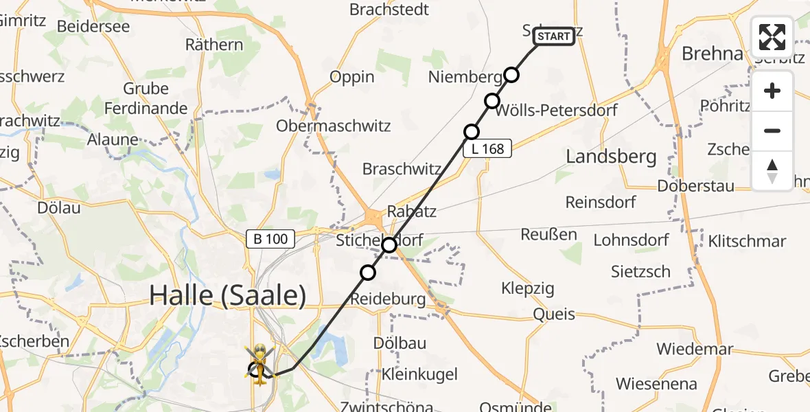 Flugroute Rettungshubschrauber Schwerz - BG Hospital Bergmannstrost Halle, 19 März 2026, 16:04