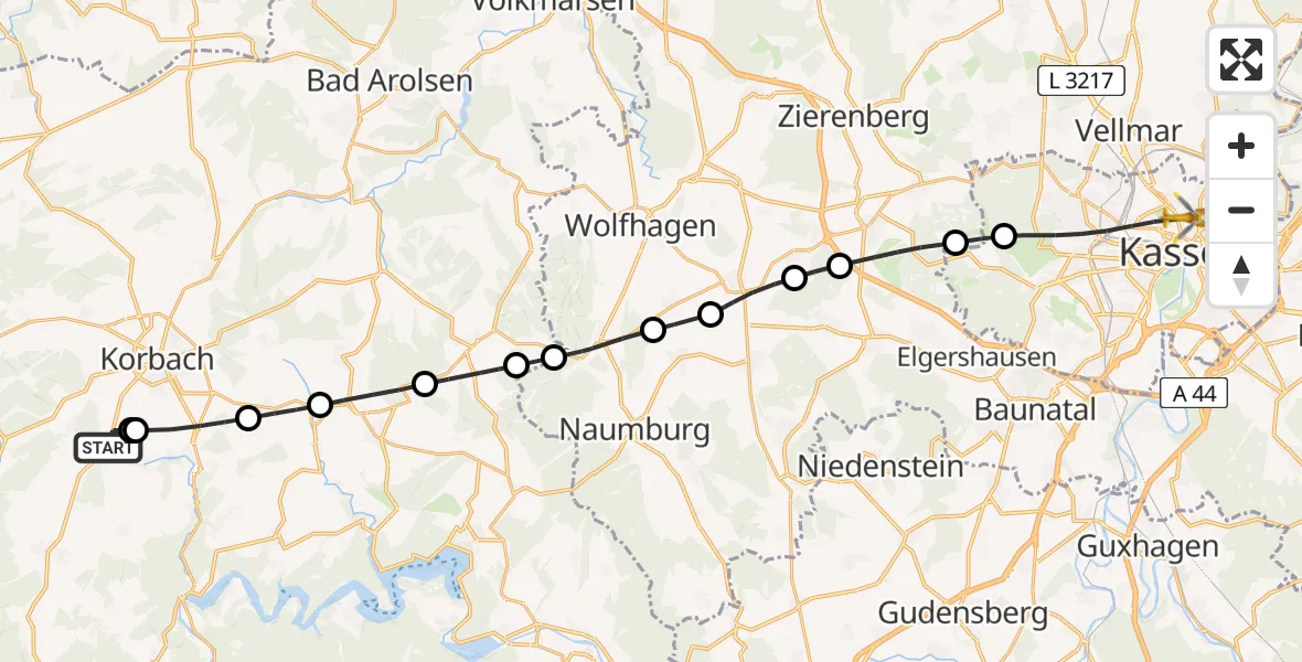 Flugroute Rettungshubschrauber Nordenbeck - Kassel, 19 März 2026, 16:15