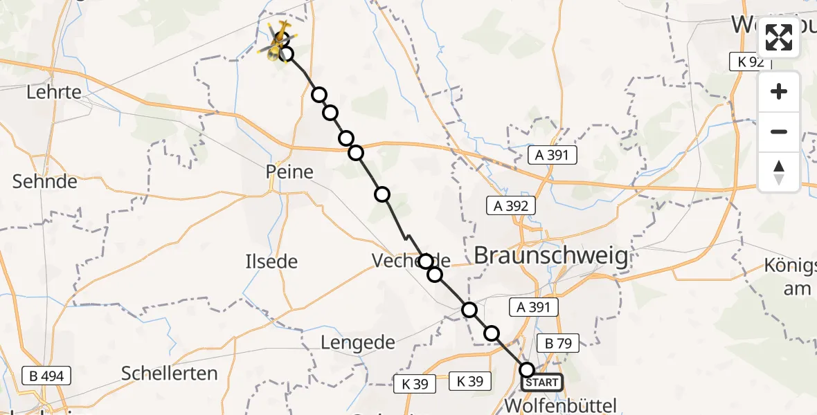 Flugroute Rettungshubschrauber Wolfenbüttel - Eddesse, 19 März 2026, 16:19