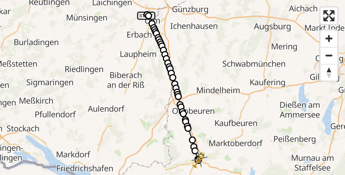 Flugroute Rettungshubschrauber Ulm Military Hospital Emergency - Kempten-Durach Airfield, 19 März 2026, 16:20