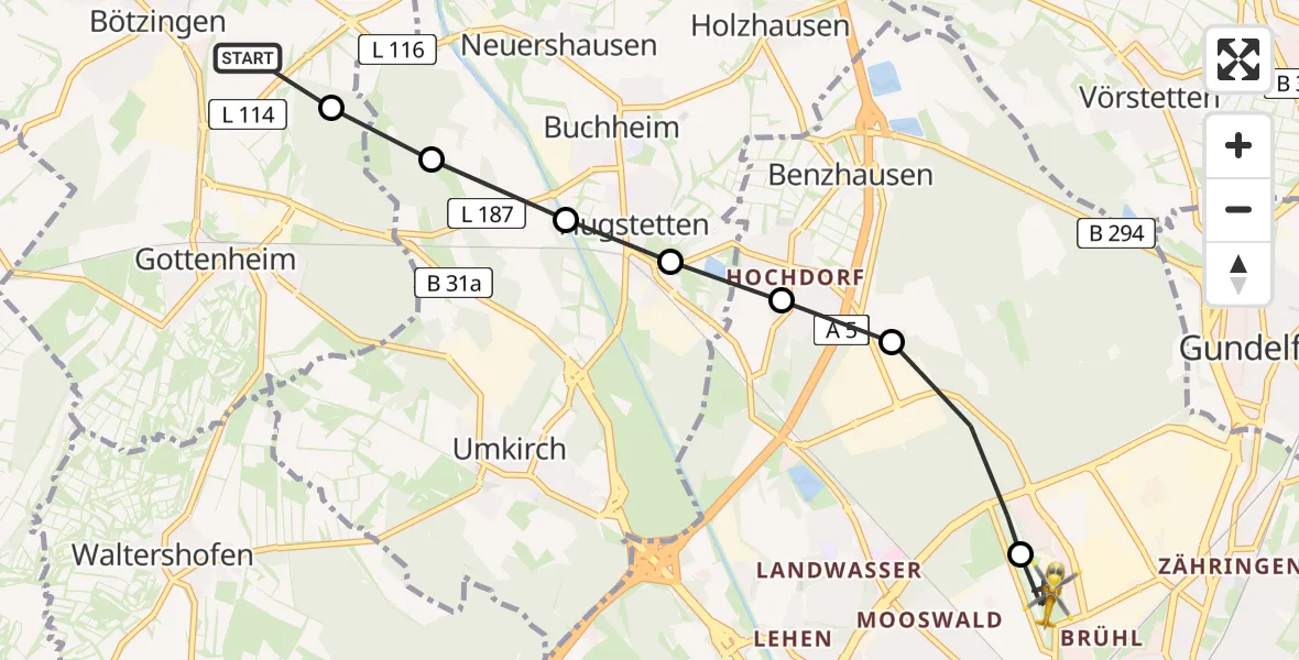 Routekaart van de vlucht: Rettungshubschrauber nach Freiburg im Breisgau Airfield