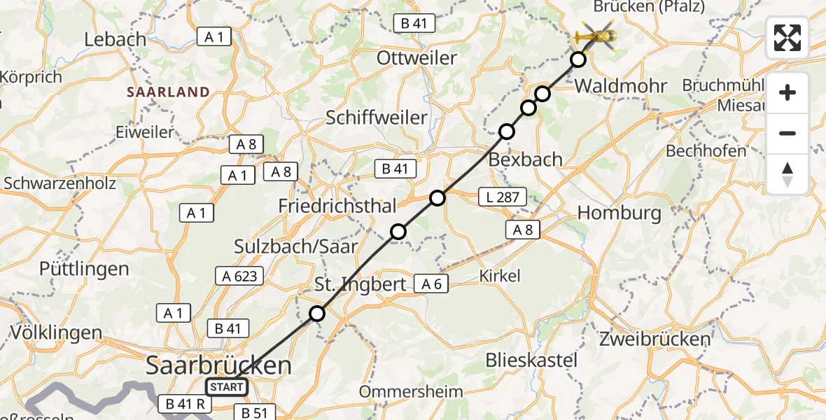 Flugroute Rettungshubschrauber Saarbrücken - Dunzweiler, 19 März 2026, 16:24