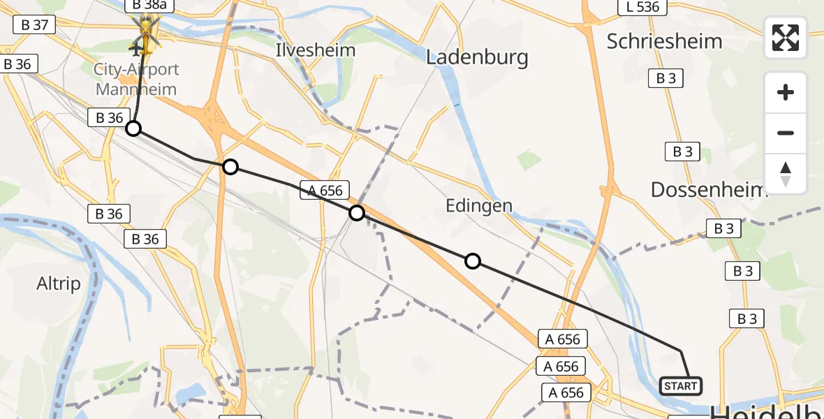 Flugroute Rettungshubschrauber Heidelberg - Mannheim-City Airport, 19 März 2026, 16:30