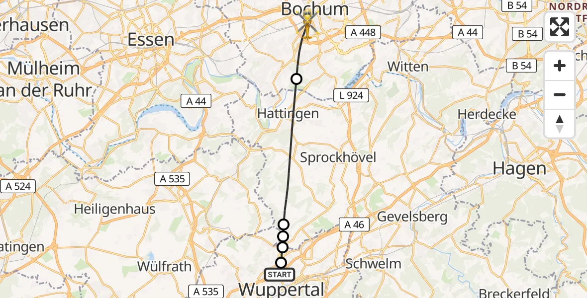 Flugroute Ambulanzhubschrauber Barmen - Bochum, 19 März 2026, 16:35