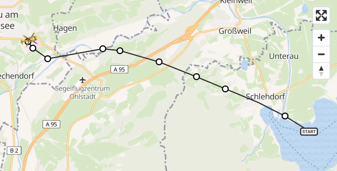 Flugroute Rettungshubschrauber Schlehdorf - Murnau Accident Hospital, 19 März 2026, 16:36