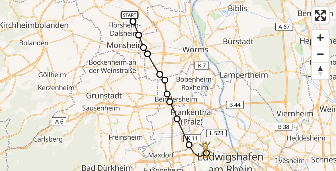 Routekaart van de vlucht: Rettungshubschrauber nach Ludwigshafen Accident Hospital Heliport