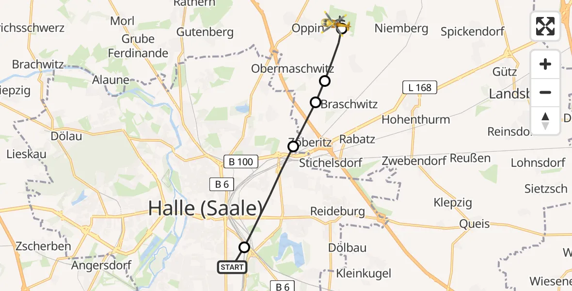 Routekaart van de vlucht: Rettungshubschrauber nach Halle-Oppin Airfield