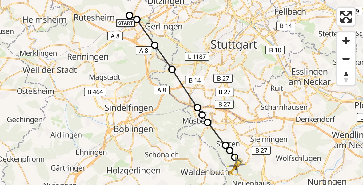 Routekaart van de vlucht: Rettungshubschrauber nach Plattenhardt, L 1209