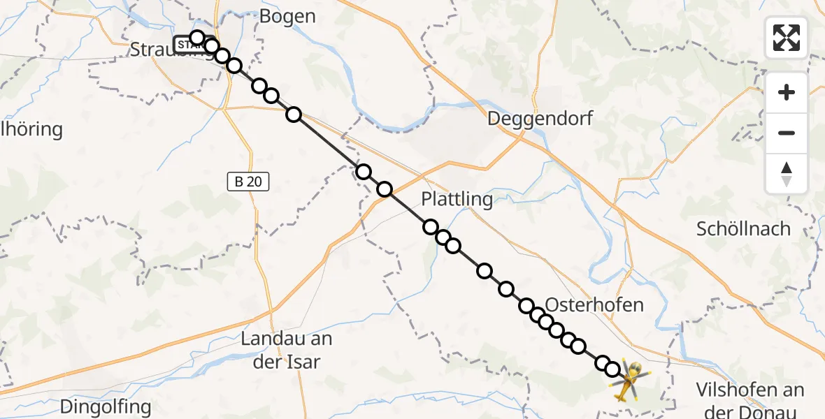 Flugroute Rettungshubschrauber Sankt Elisabeth Hospital Straubing - Wallerdorf, 19 März 2026, 16:52