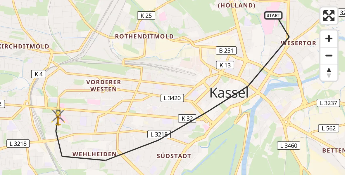 Flugroute Rettungshubschrauber Kassel - Kassel, 19 März 2026, 16:55