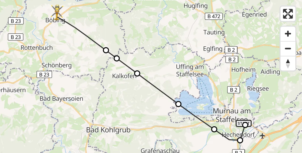 Flugroute Rettungshubschrauber Murnau Accident Hospital - Böbing, 19 März 2026, 16:57