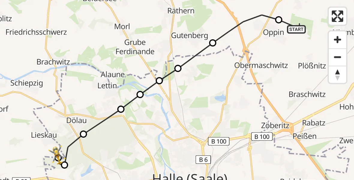 Flugroute Ambulanzhubschrauber Halle-Oppin Airfield - Lieskau, 19 März 2026, 17:05