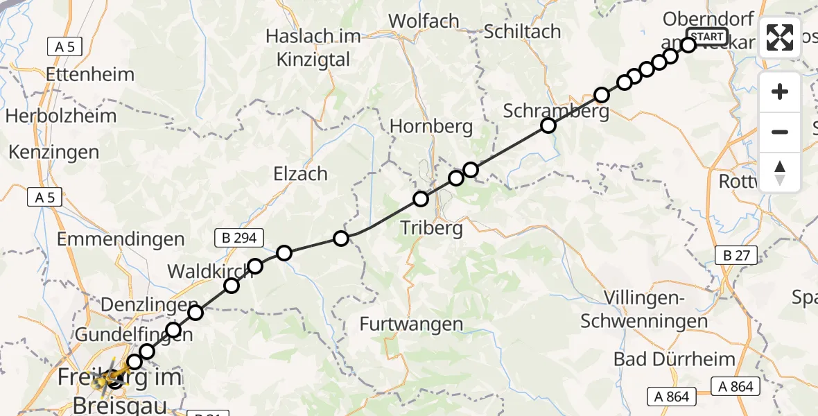 Routekaart van de vlucht: Rettungshubschrauber nach Freiburg University Hospital Heliport 1