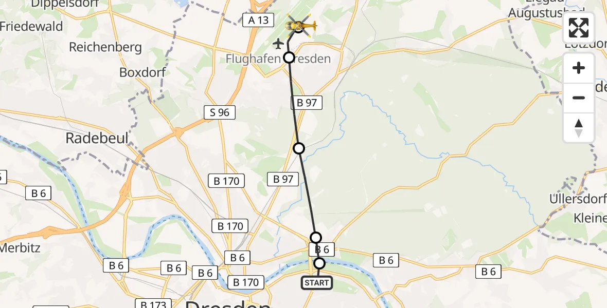 Routekaart van de vlucht: Rettungshubschrauber nach Dresden Federal Police Heliport