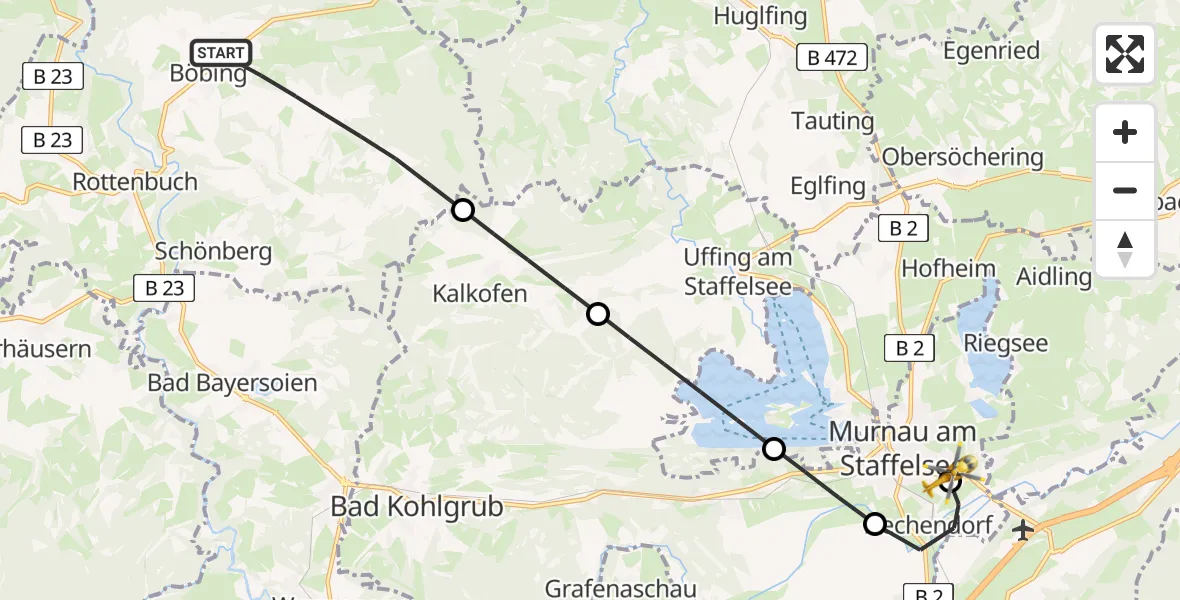 Routekaart van de vlucht: Rettungshubschrauber nach Murnau Accident Hospital