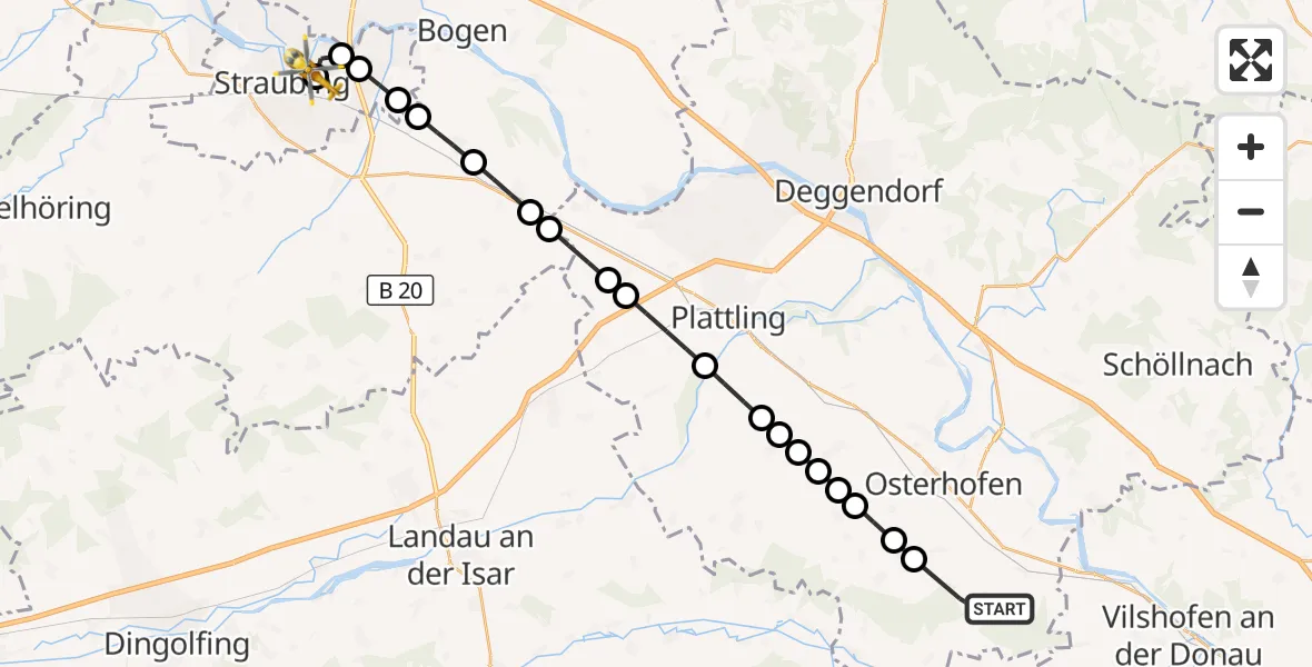Flugroute Rettungshubschrauber Wallerdorf - Sankt Elisabeth Hospital Straubing, 19 März 2026, 17:33