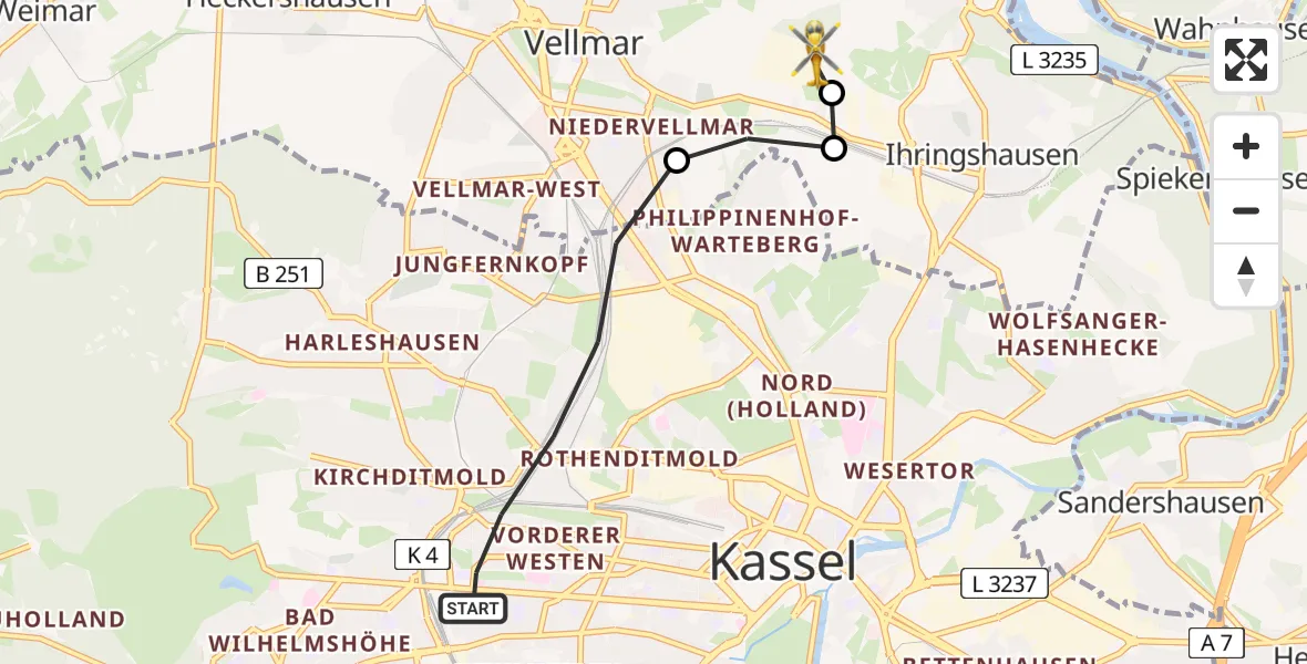 Routekaart van de vlucht: Rettungshubschrauber nach Fuldatal Federal Police Heliport