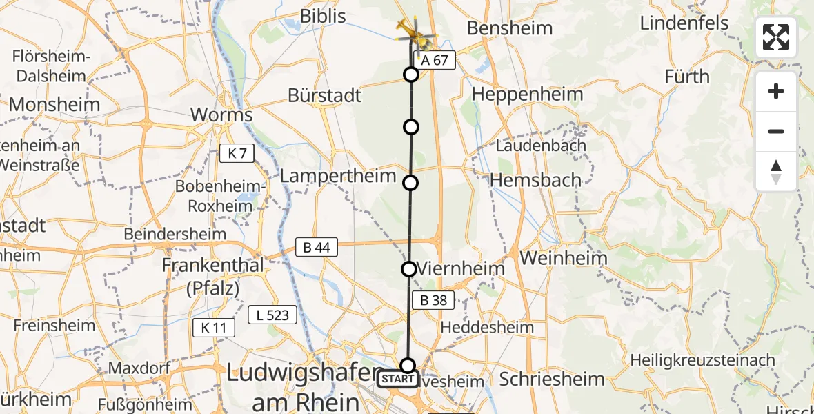 Flugroute Rettungshubschrauber Mannheim-City Airport - Einhausen, 19 März 2026, 17:34