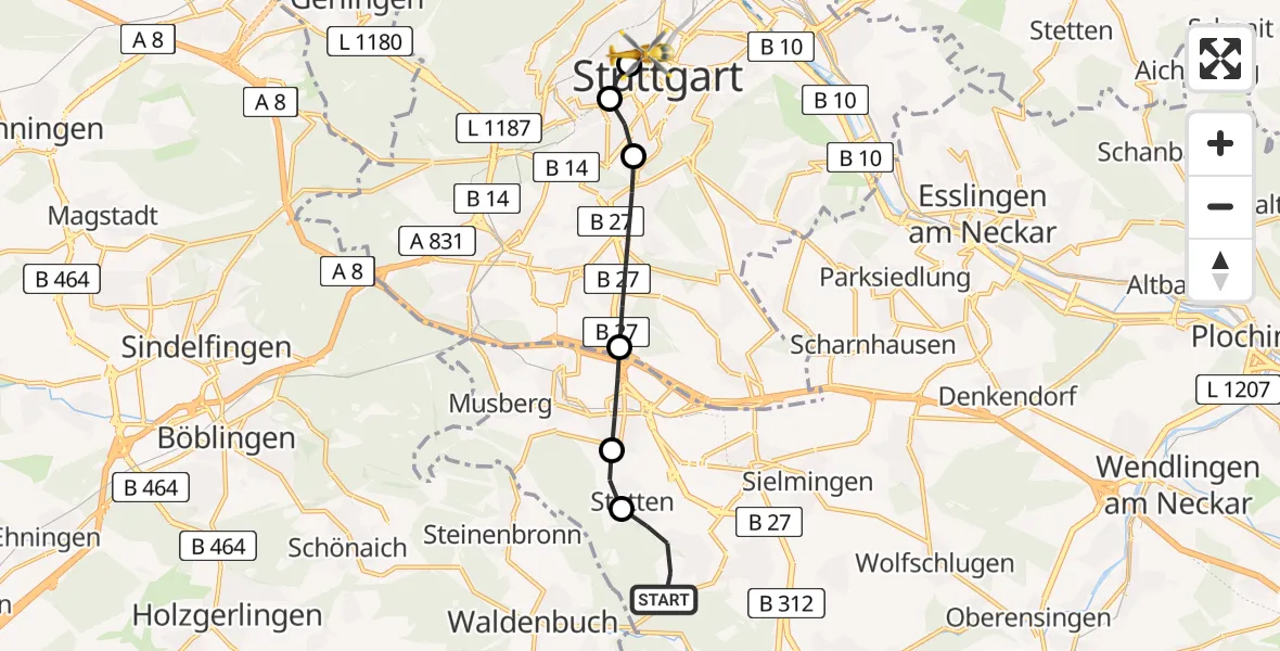 Flugroute Rettungshubschrauber Plattenhardt - Stuttgart, 19 März 2026, 17:39