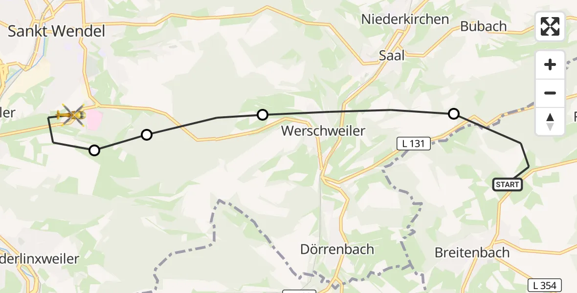 Flugroute Rettungshubschrauber Breitenbach - Marienhaus Hospital Sankt Wendel-Ottweiler Heliport, 19 März 2026, 17:40