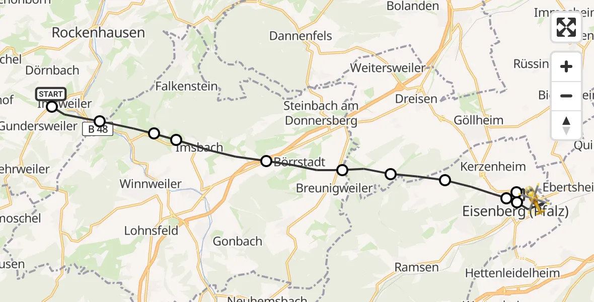 Flugroute Rettungshubschrauber Imsweiler UL - Eisenberg (Pfalz), 19 März 2026, 17:43