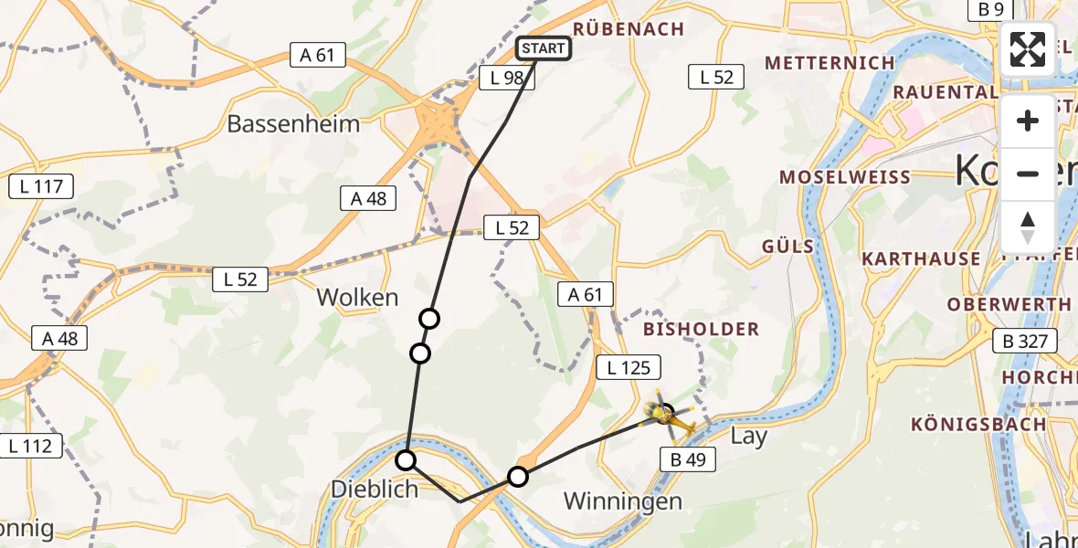 Flugroute Ambulanzhubschrauber Rübenach - Koblenz-Winningen Airfield, 19 März 2026, 17:44