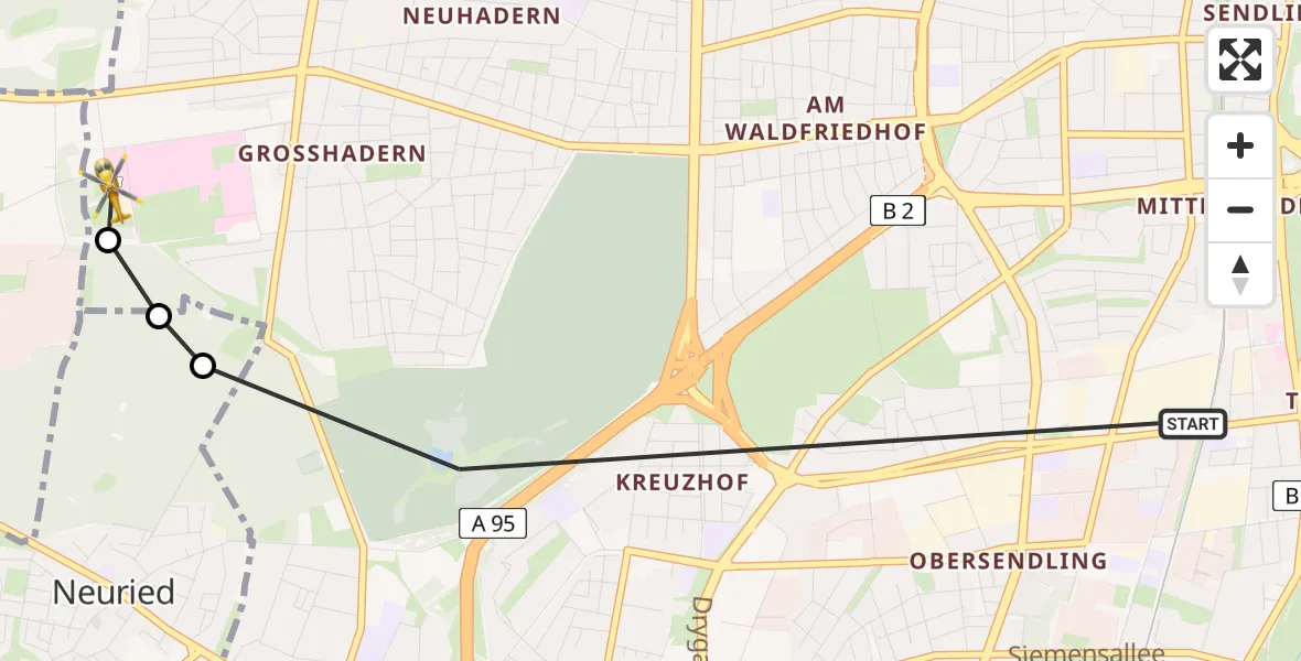 Flugroute Ambulanzhubschrauber Thalkirchen-Obersendling-Forstenried-Fürstenried-Solln - DRF Air Rescue München Heliport, 19 März 2026, 17:45