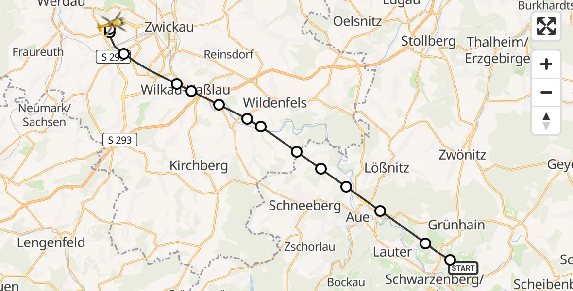 Routekaart van de vlucht: Rettungshubschrauber nach ADAC Air Rescue Station Zwickau Heliport