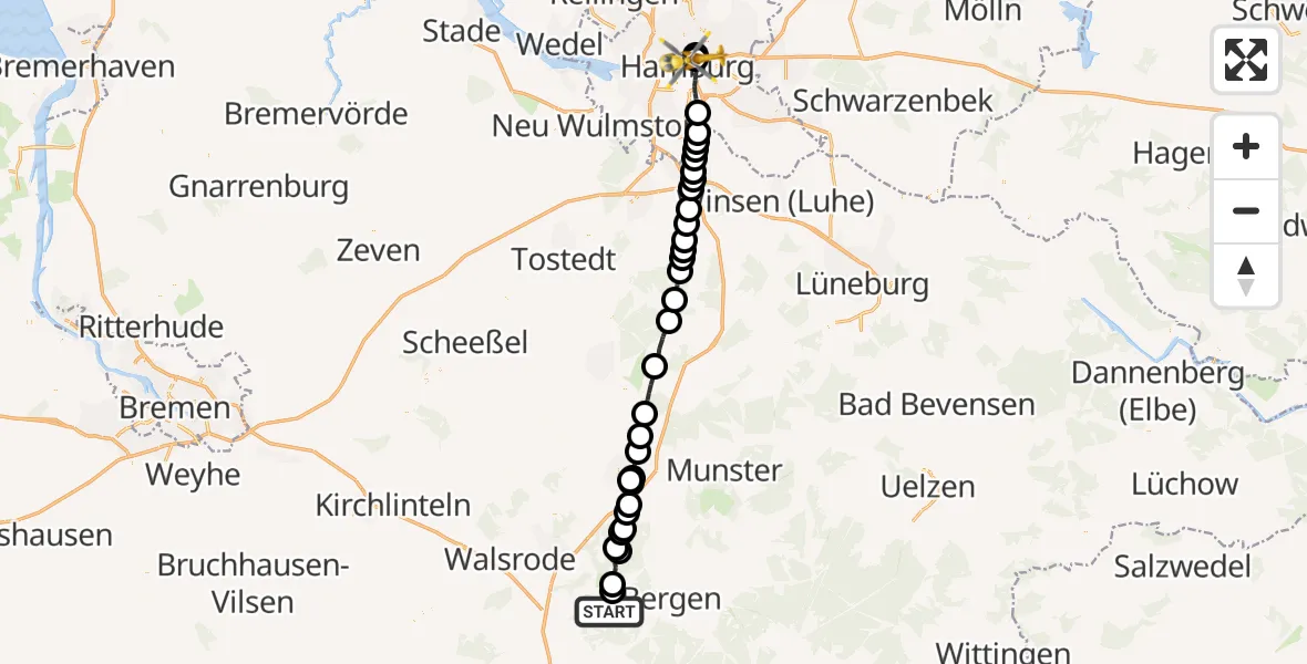 Routekaart van de vlucht: Rettungshubschrauber nach Hamburg, Lohmühlenstraße