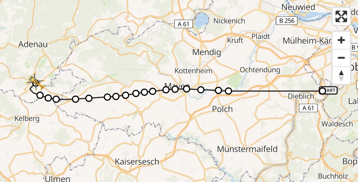 Flugroute Ambulanzhubschrauber Koblenz-Winningen Airfield - Nürburgring Heliport, 19 März 2026, 18:02
