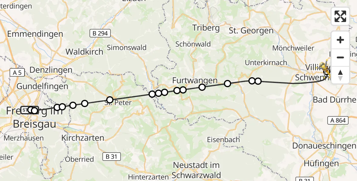 Flugroute Rettungshubschrauber Freiburg University Hospital Heliport 1 - DRF Air Rescue Station Villingen-Schwenningen Heliport (Christoph 11), 19 März 2026, 18:03