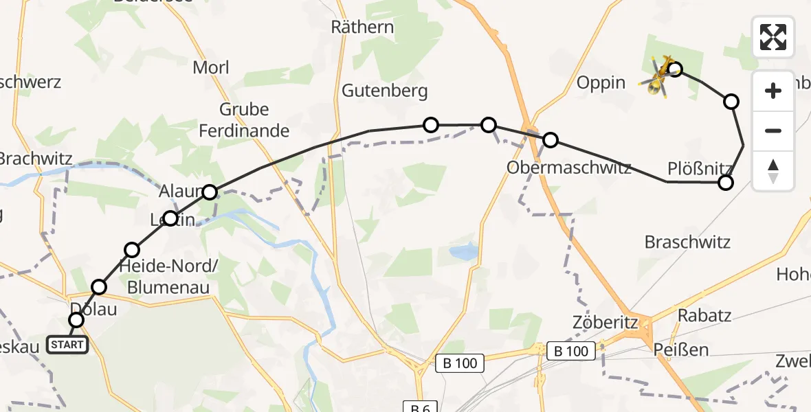 Flugroute Ambulanzhubschrauber Martha-Maria Halle-Dölau Hospital - Halle-Oppin Airfield, 19 März 2026, 18:06