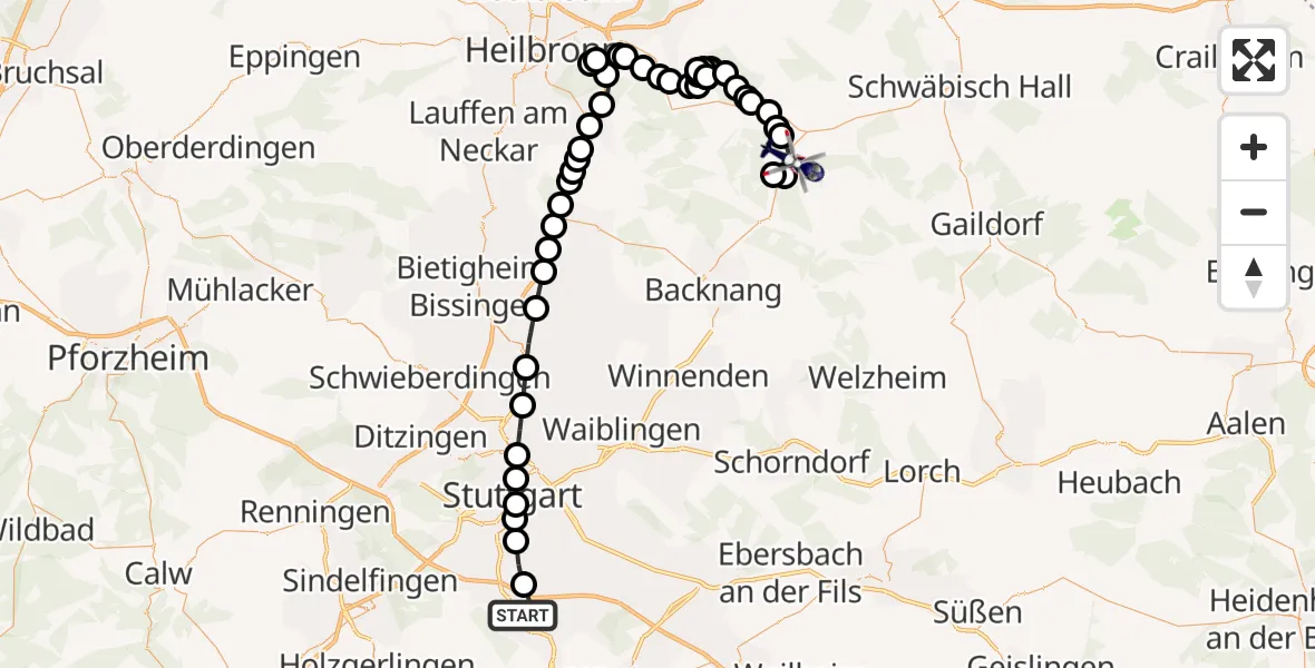Flugroute Polizeihubschrauber Stuttgart Airport - Großerlach, 19 März 2026, 18:20