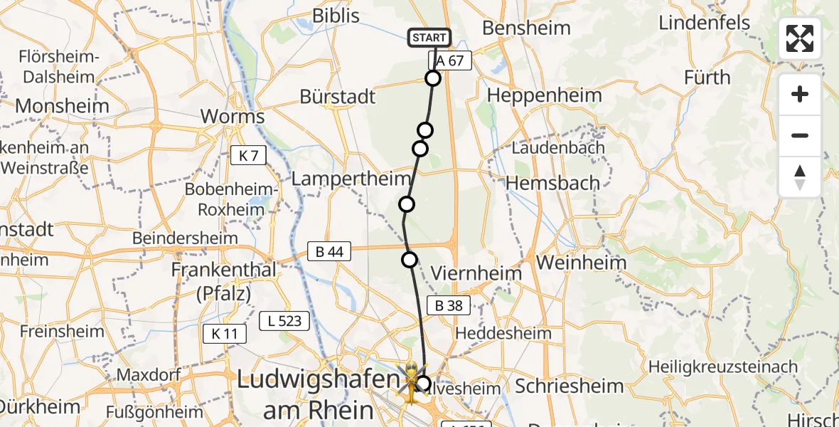Flugroute Rettungshubschrauber Einhausen - Mannheim-City Airport, 19 März 2026, 18:21