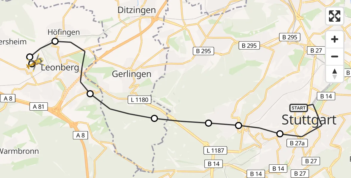 Flugroute Rettungshubschrauber Stuttgart - Leonberg Hospital, 19 März 2026, 18:23