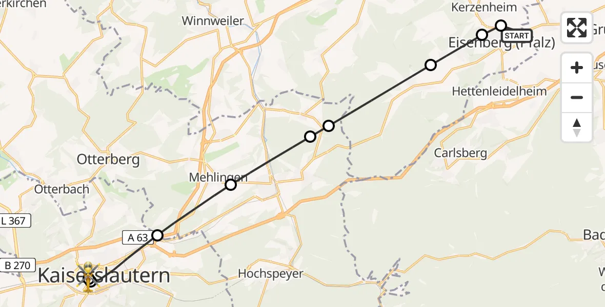 Flugroute Rettungshubschrauber Eisenberg (Pfalz) - Westpfalz Hospital Kaiserslautern, 19 März 2026, 18:31
