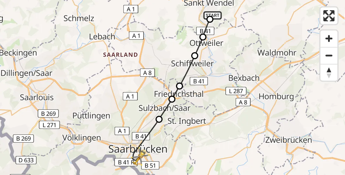 Flugroute Rettungshubschrauber Oberlinxweiler - Saarbrücken, 19 März 2026, 18:33