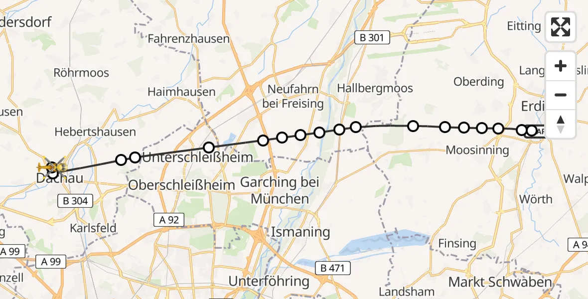 Flugroute Ambulanzhubschrauber Pretzen - Helios Clinic Dachau, 19 März 2026, 18:38