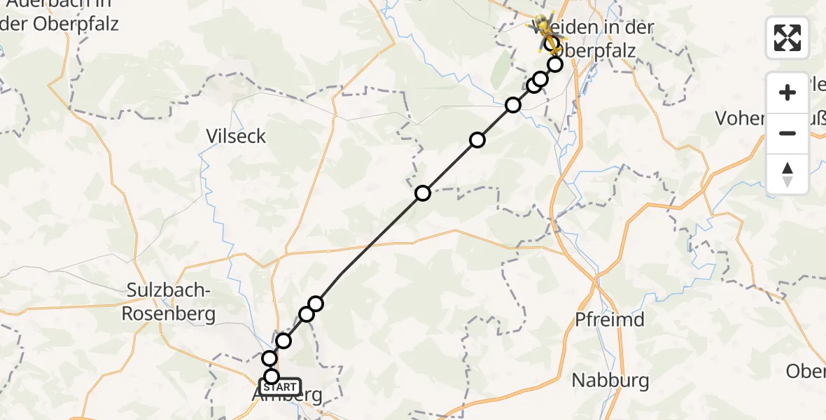 Flugroute Rettungshubschrauber Amberg - Weiden in der Oberpfalz Airfield, 19 März 2026, 18:39
