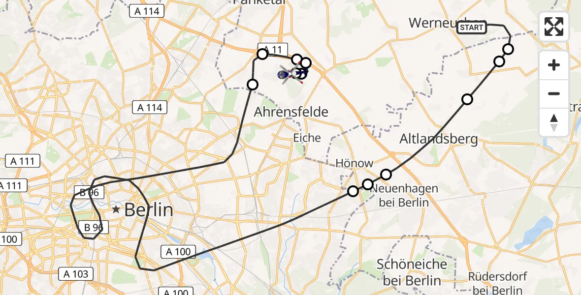 Flugroute Polizeihubschrauber Werneuchen - Ahrensfelde Heliport, 19 März 2026, 18:48