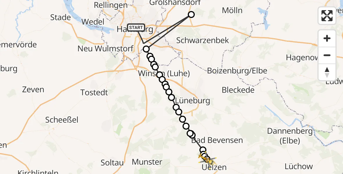 Flugroute Rettungshubschrauber Hamburg - Uelzen, 19 März 2026, 18:49