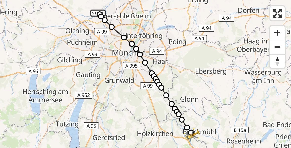 Flugroute Ambulanzhubschrauber Helios Clinic Dachau - Vagen, 19 März 2026, 19:15