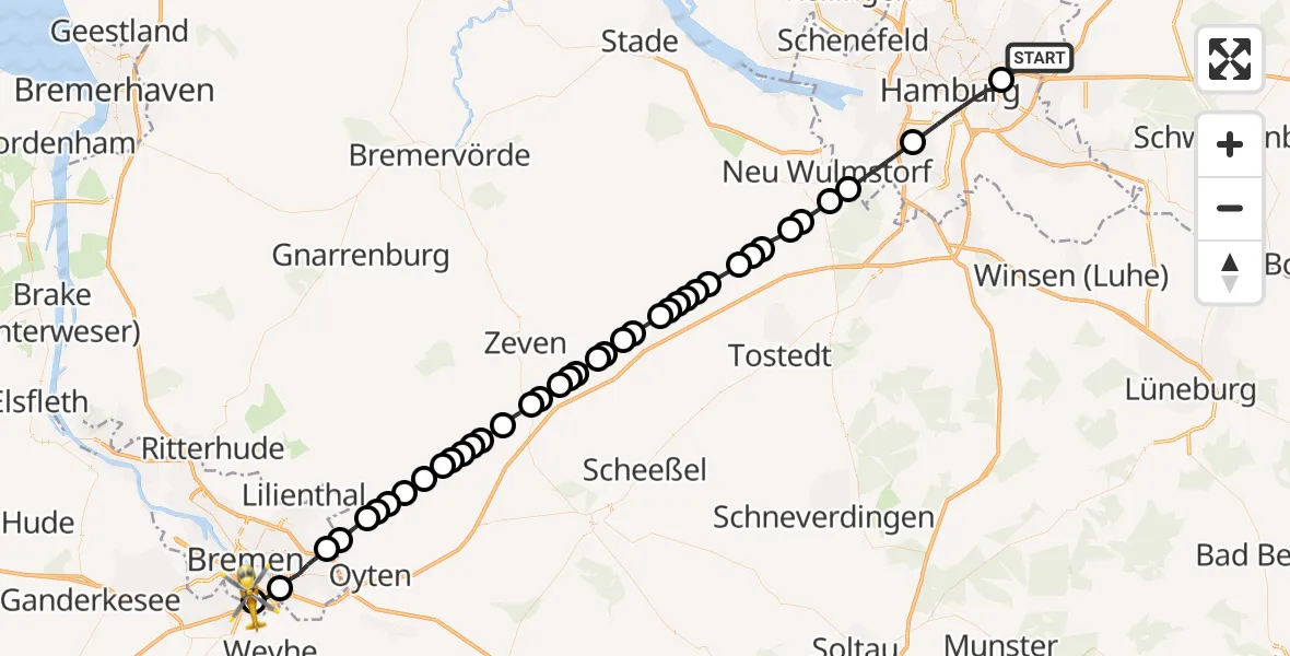 Flugroute Rettungshubschrauber Wandsbek - ADAC Air Rescue Station Bremen Heliport (Christoph 6), 19 März 2026, 19:16