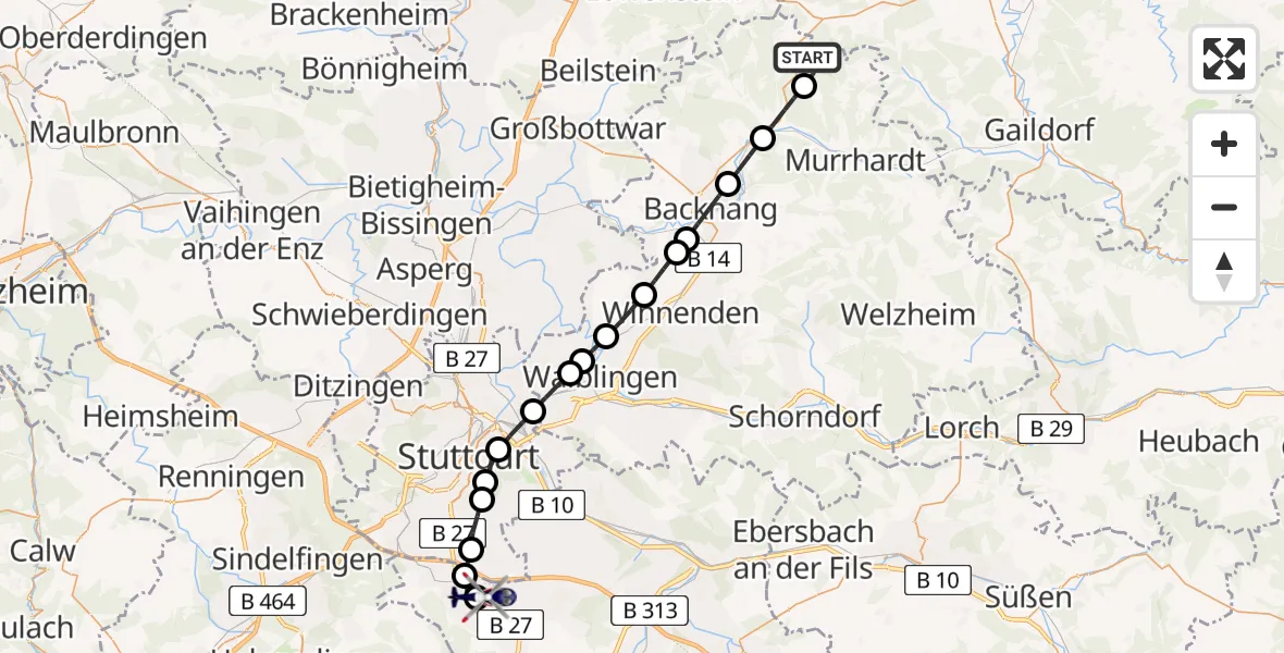 Flugroute Polizeihubschrauber Großerlach - Stuttgart Airport, 19 März 2026, 19:29
