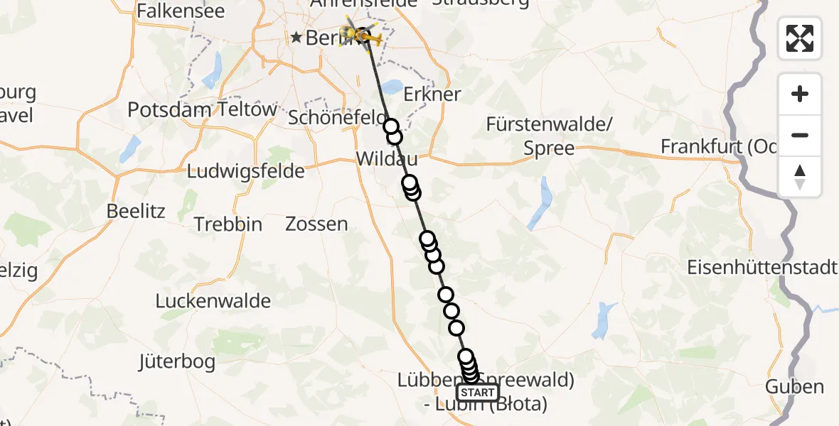 Flugroute Ambulanzhubschrauber Lübben (Spreewald) - Berlin Emergency Hospital, 19 März 2026, 22:06