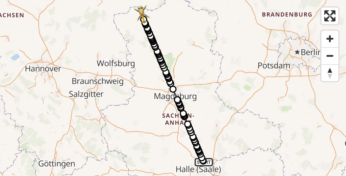Flugroute Ambulanzhubschrauber Halle-Oppin Airfield - Salzwedel, 19 März 2026, 23:04