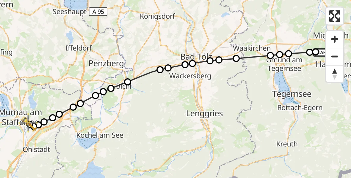Flugroute Ambulanzhubschrauber Agatharied - Hechendorf, 19 März 2026, 23:57
