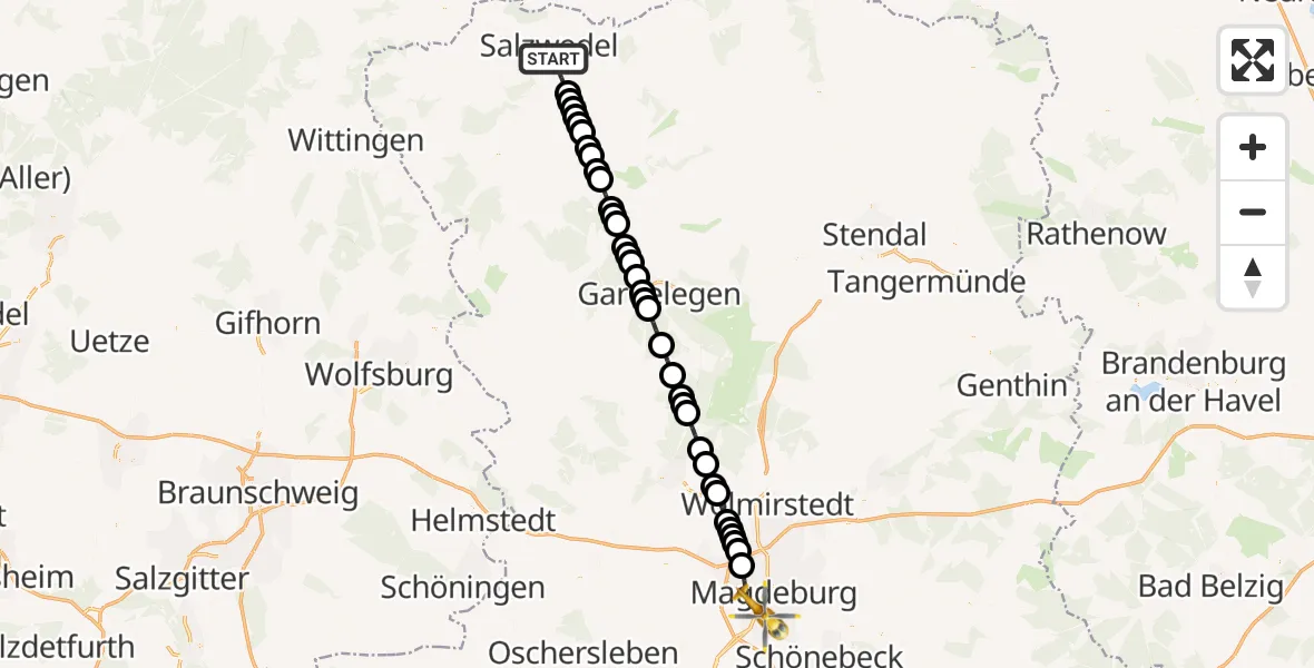 Flugroute Ambulanzhubschrauber Salzwedel - Magdeburg, 20 März 2026, 00:27