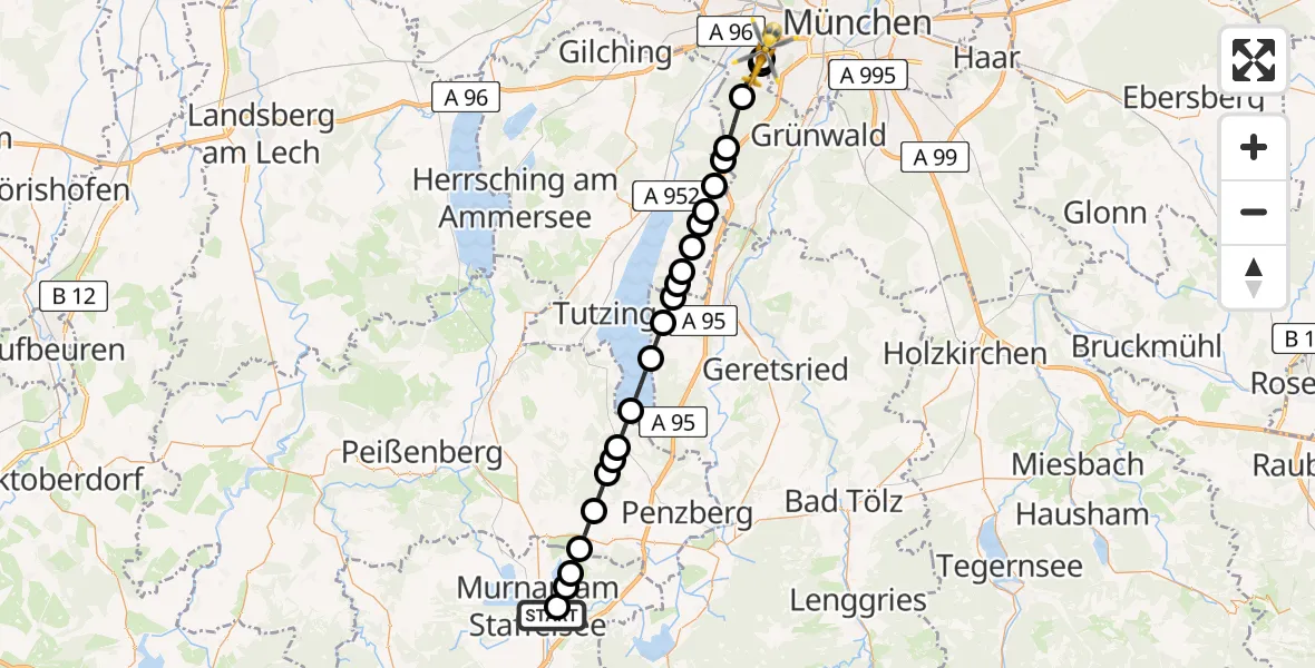 Flugroute Ambulanzhubschrauber Murnau Accident Hospital - DRF Air Rescue München Heliport, 20 März 2026, 00:36